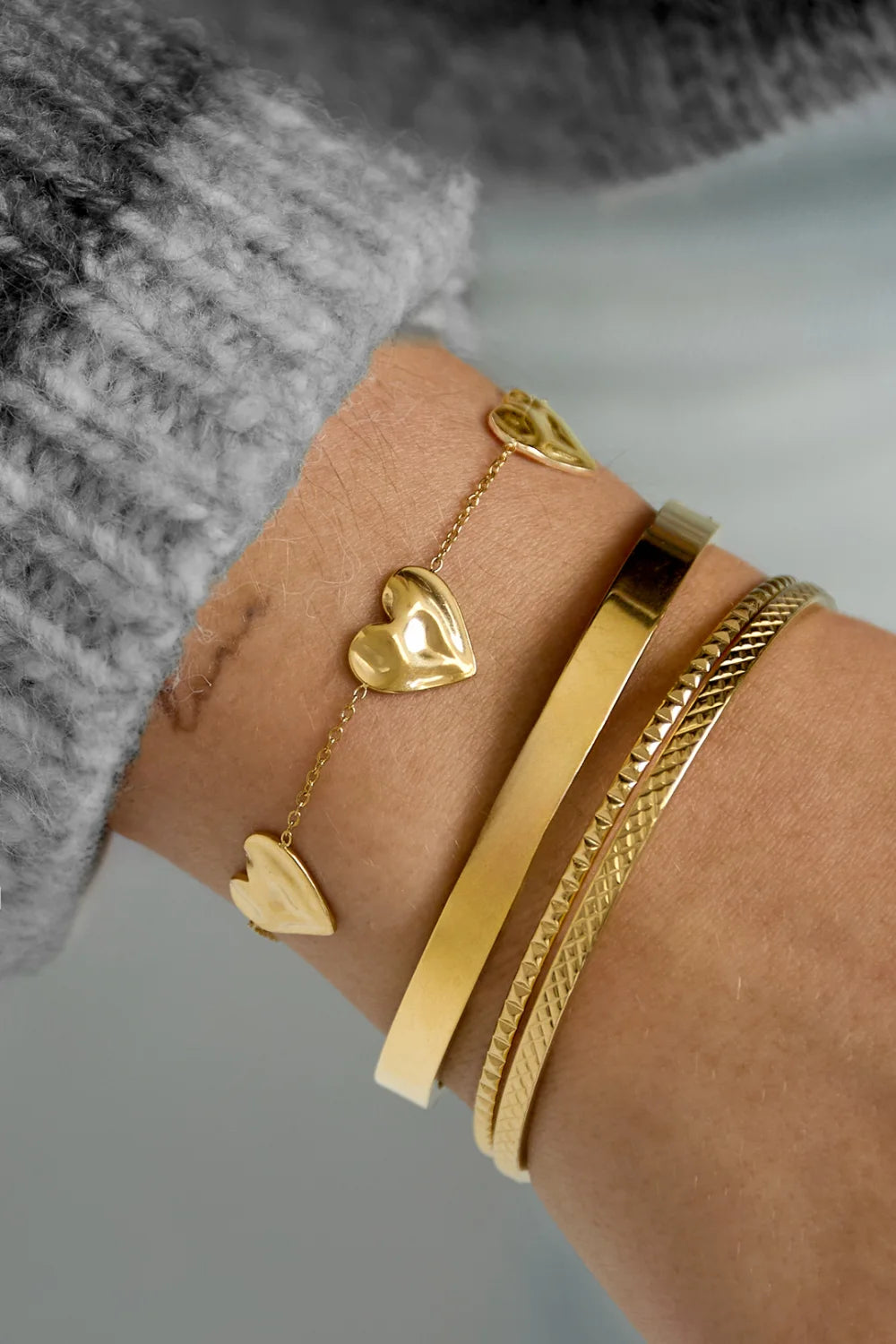 Triple Puffy Heart Armband - Roestvrij Staal